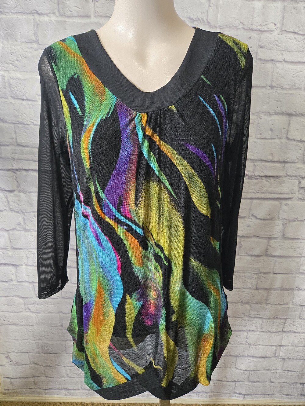 Papa Vancouver Size M Multicolor Abstract Tunic Top | Sheer Sleeves | Layered - Picture 6 of 14